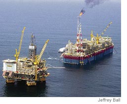 [The Kizomba B project, led by Exxon Mobil, in the Atlantic Ocean about 100 miles off the coast of Angola, reflects the oil industry's increasing focus on West Africa.]